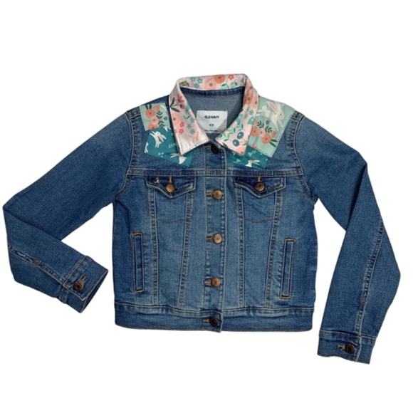 Old Navy Denim Jean Jacket Trucker Pink Aqua Blue Bunny Charm Crafted Girls Med - Picture 3 of 12